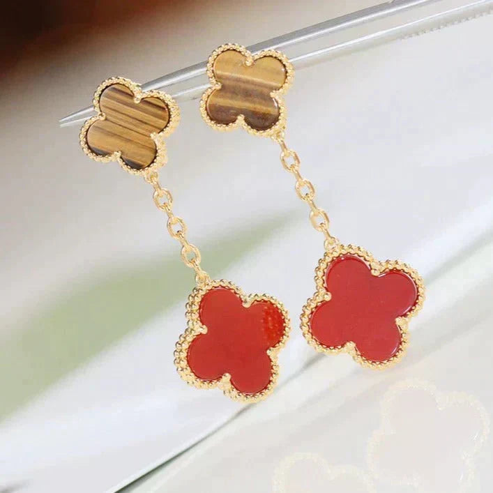 VCA CLOVER 2 MOTIF TIGER EYE CARNELIAN EARRINGS