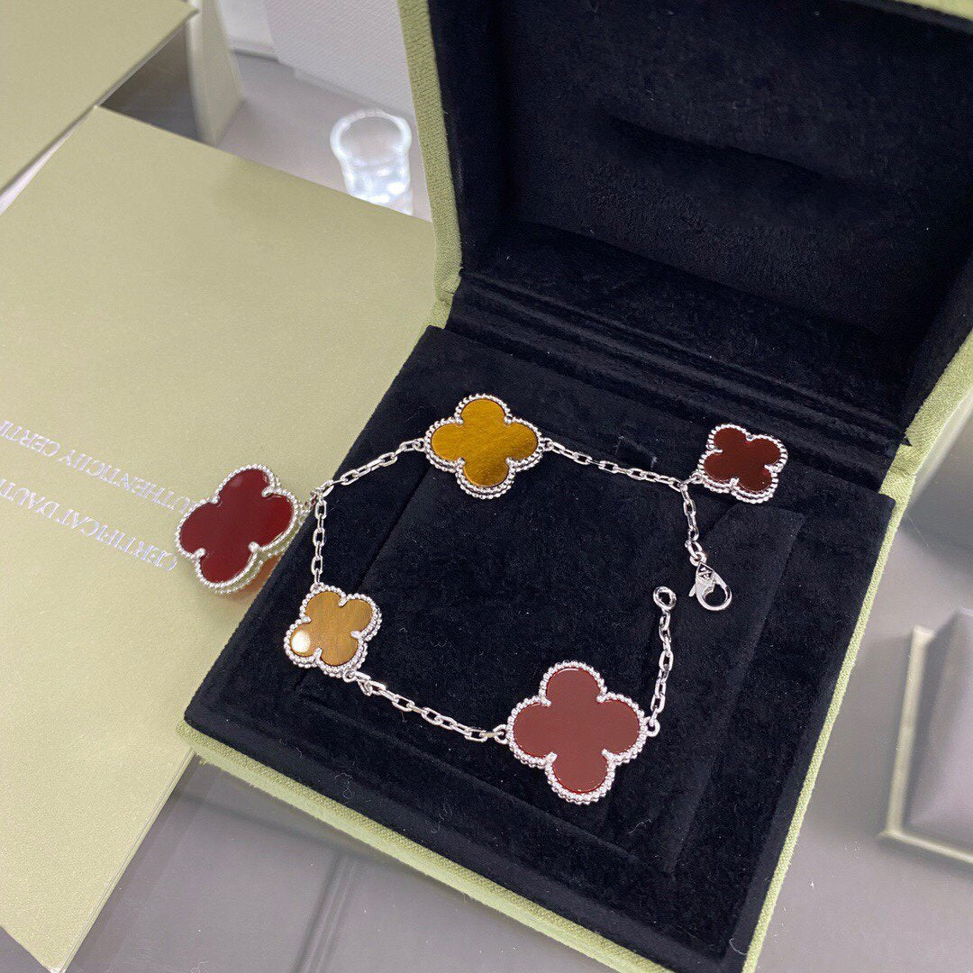 VCA CLOVER 5 MOTIFS SIVLER CARNELIAN TIGER EYE BRACELET