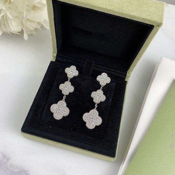 VCA CLOVER 3 MOTIF DIAMOND SILVER DROP EARRINGS