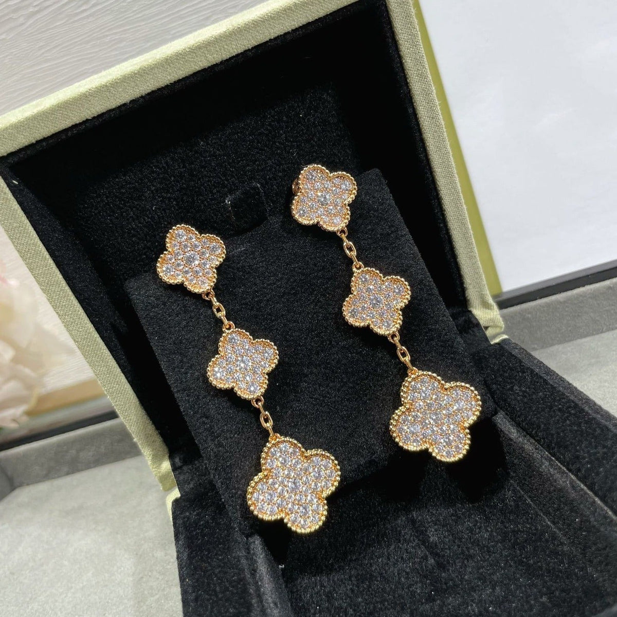 VCA CLOVER 3 MOTIFS DIAMOND PAVED ROSE GOLD & GOLD EARRINGS